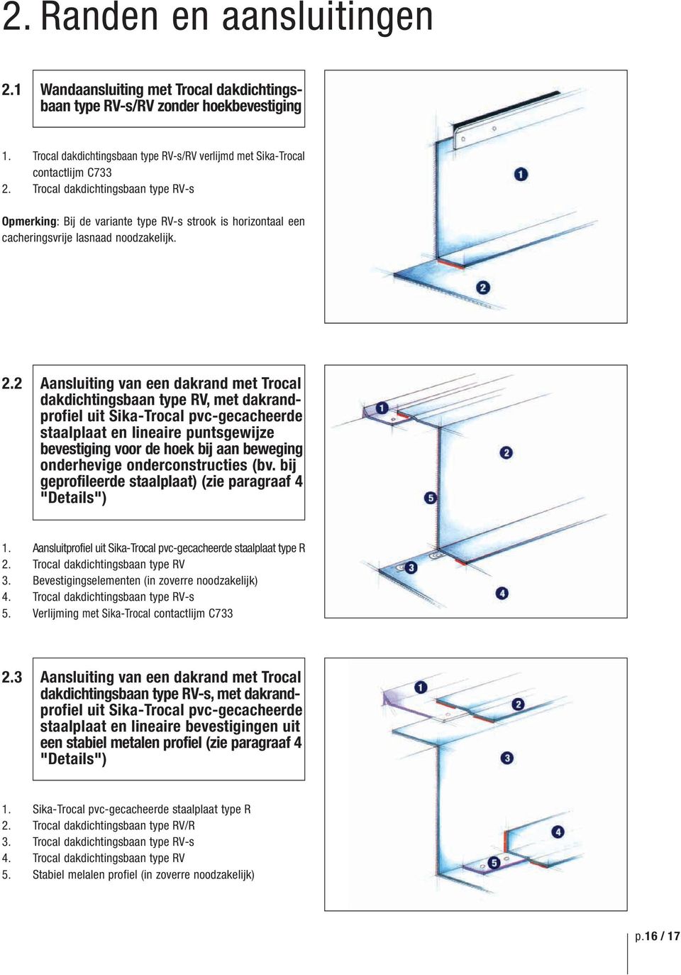 2 Aansluiting van een dakrand met Trocal dakdichtingsbaan type RV, met dakrandprofiel uit Sika-Trocal pvc-gecacheerde staalplaat en lineaire puntsgewijze bevestiging voor de hoek bij aan beweging