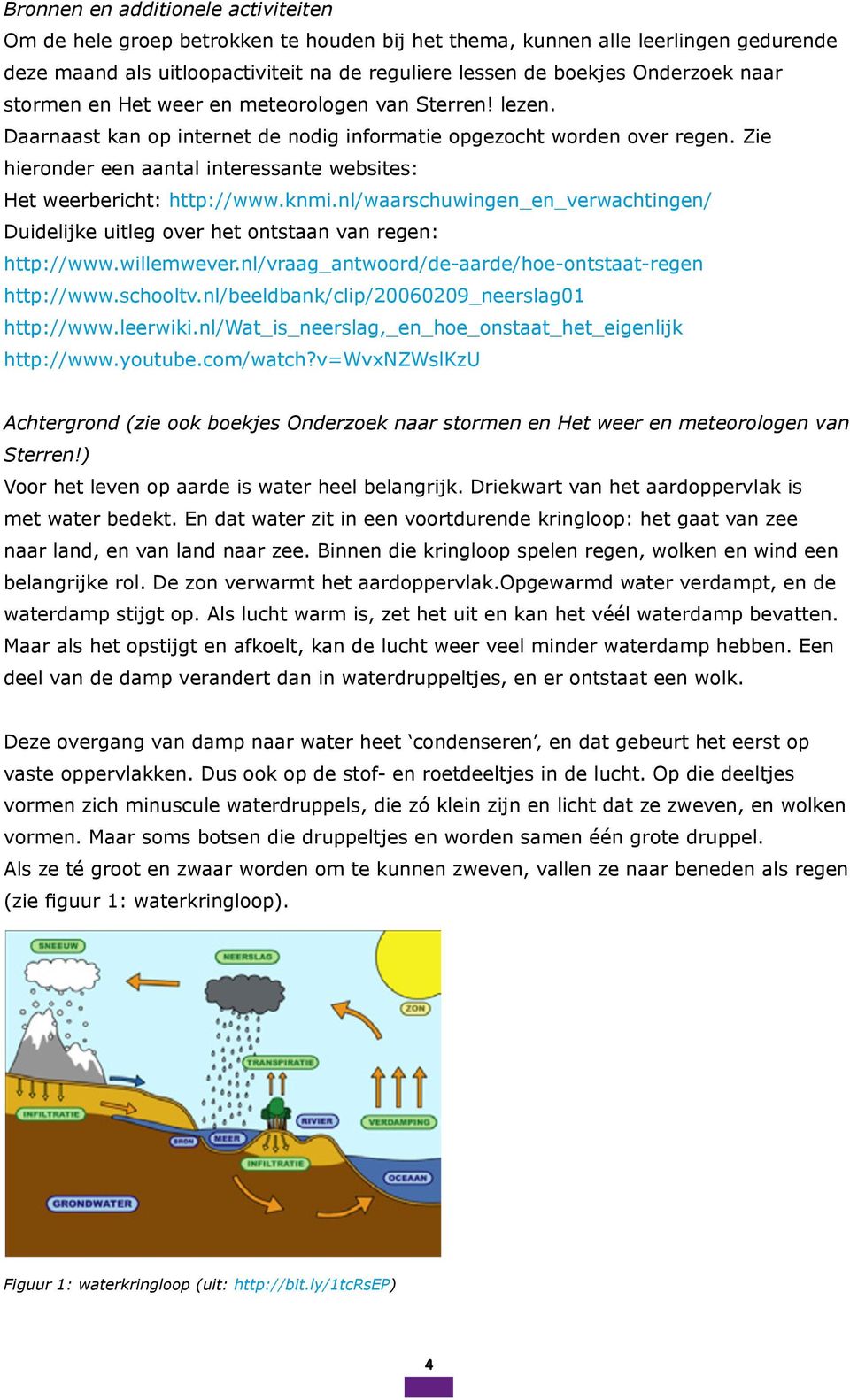 Zie hieronder een aantal interessante websites: Het weerbericht: http://www.knmi.nl/waarschuwingen_en_verwachtingen/ Duidelijke uitleg over het ontstaan van regen: http://www.willemwever.