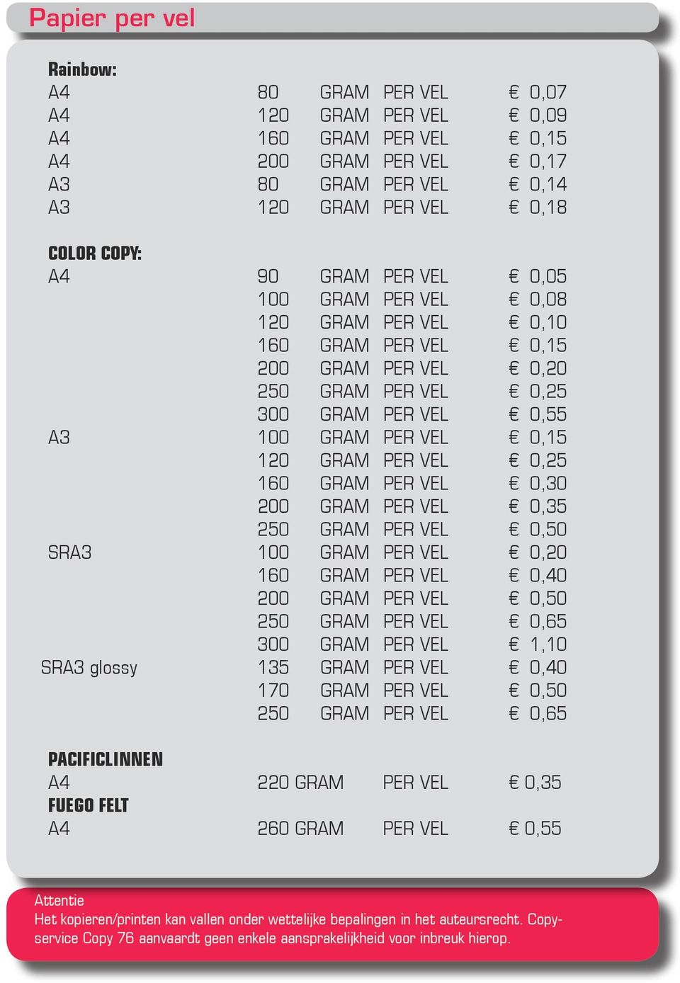 PER VEL 0,30 200 GRAM PER VEL 0,35 250 GRAM PER VEL 0,50 SRA3 100 GRAM PER VEL 0,20 160 GRAM PER VEL 0,40 200 GRAM PER VEL 0,50 250 GRAM PER VEL 0,65 300 GRAM PER VEL 1,10 SRA3 glossy 135 GRAM PER