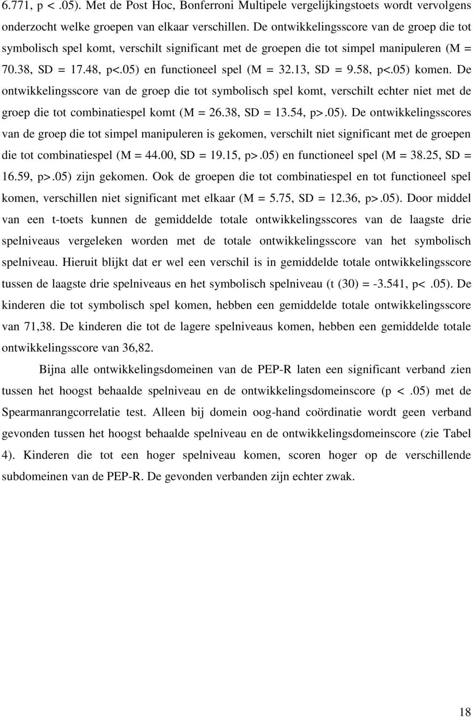 58, p<.05) komen. De ontwikkelingsscore van de groep die tot symbolisch spel komt, verschilt echter niet met de groep die tot combinatiespel komt (M = 26.38, SD = 13.54, p>.05). De ontwikkelingsscores van de groep die tot simpel manipuleren is gekomen, verschilt niet significant met de groepen die tot combinatiespel (M = 44.