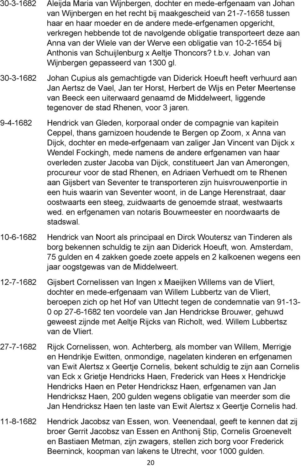30-3-1682 Johan Cupius als gemachtigde van Diderick Hoeuft heeft verhuurd aan Jan Aertsz de Vael, Jan ter Horst, Herbert de Wijs en Peter Meertense van Beeck een uiterwaard genaamd de Middelweert,