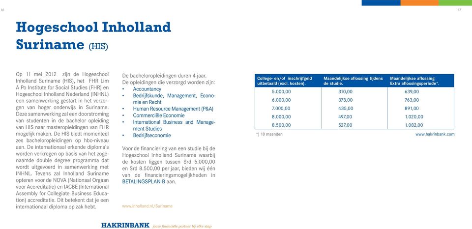 Deze samenwerking zal een doorstroming van studenten in de bachelor opleiding van HIS naar masteropleidingen van FHR mogelijk maken. De HIS biedt momenteel zes bacheloropleidingen op hbo-niveau aan.