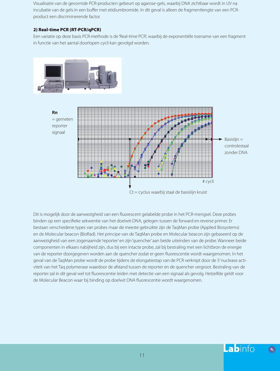 2) Real-time PCR (RT-PCR/qPCR) Een variatie op deze basis PCR-methode is de Real-time PCR, waarbij de exponentiële toename van een fragment in functie van het aantal doorlopen cycli kan gevolgd