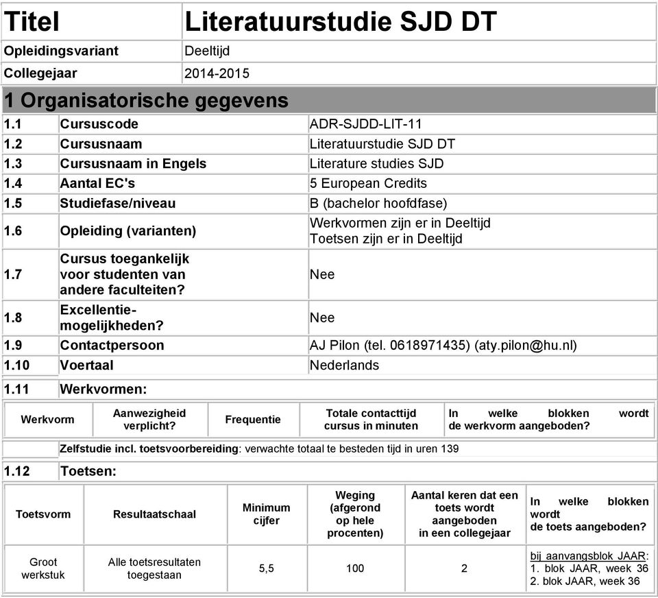 8 Cursus toegankelijk voor studenten van andere faculteiten? Excellentiemogelijkheden? Werkvormen zijn er in Deeltijd Toetsen zijn er in Deeltijd 1.9 Contactpersoon AJ Pilon (tel. 0618971435) (aty.