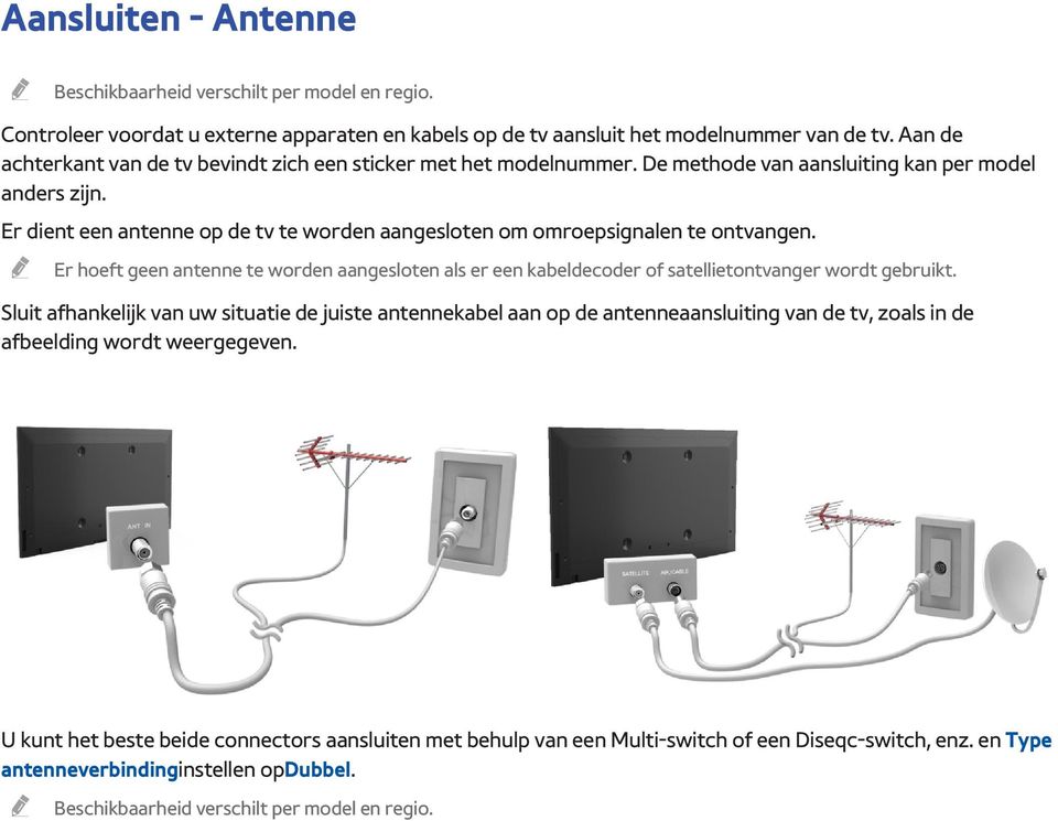 Er dient een antenne op de tv te worden aangesloten om omroepsignalen te ontvangen. Er hoeft geen antenne te worden aangesloten als er een kabeldecoder of satellietontvanger wordt gebruikt.