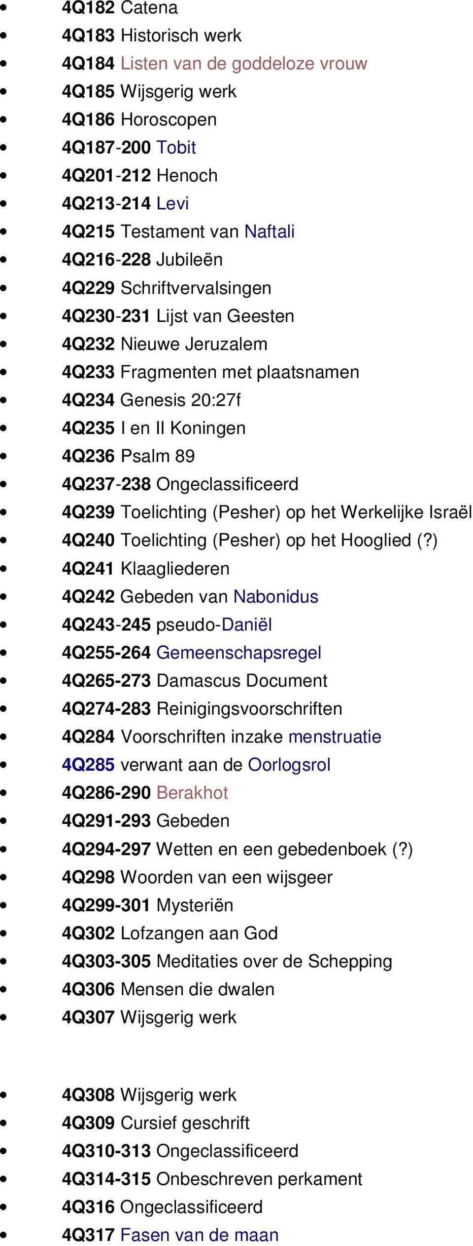 Ongeclassificeerd 4Q239 Toelichting (Pesher) op het Werkelijke Israël 4Q240 Toelichting (Pesher) op het Hooglied (?