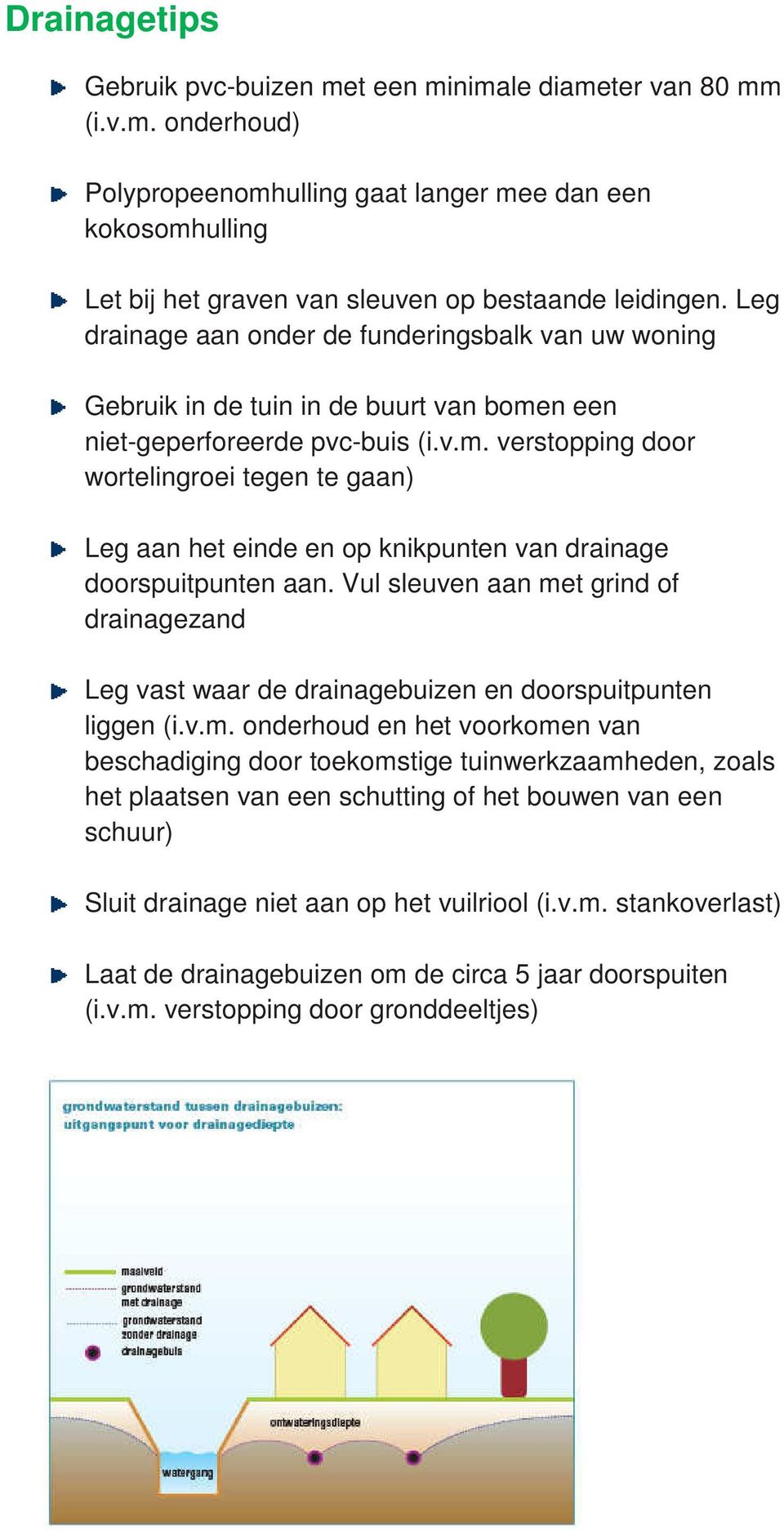 n een niet-geperforeerde pvc-buis (i.v.m. verstopping door wortelingroei tegen te gaan) Leg aan het einde en op knikpunten van drainage doorspuitpunten aan.