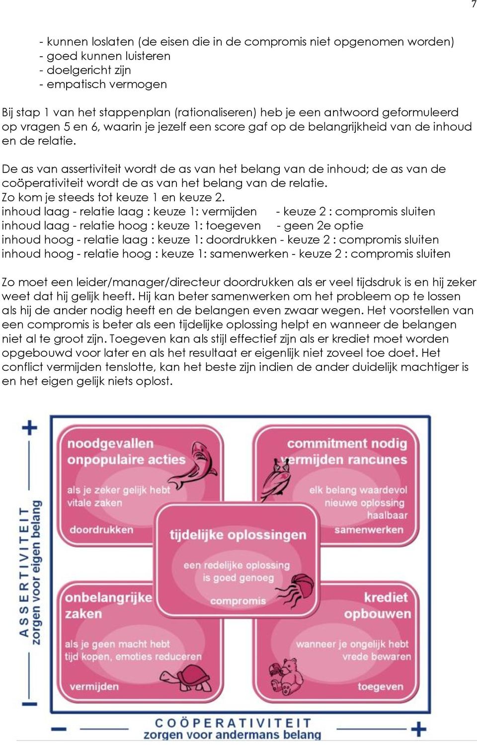 De as van assertiviteit wordt de as van het belang van de inhoud; de as van de coöperativiteit wordt de as van het belang van de relatie. Zo kom je steeds tot keuze 1 en keuze 2.