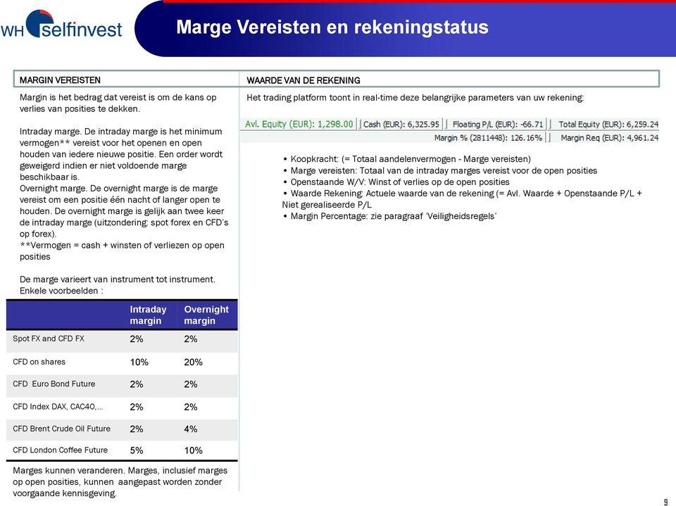 De overnight marge is de marge vereist om een positie één nacht of langer open te houden. De overnight marge is gelijk aan twee keer de intraday marge (uitzondering: spot forex en CFD s op forex).