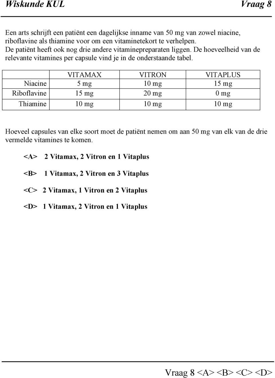 VITAMAX VITRON VITAPLUS Niacine 5 mg 10 mg 15 mg Riboflavine 15 mg 20 mg 0 mg Thiamine 10 mg 10 mg 10 mg Hoeveel capsules van elke soort moet de patiënt nemen om aan 50 mg van