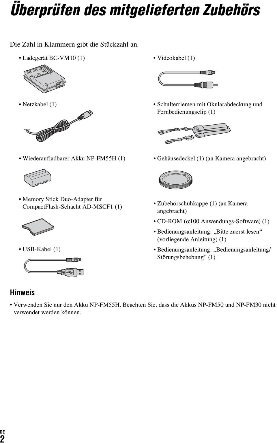 Kamera angebracht) Memory Stick Duo-Adapter für CompactFlash-Schacht AD-MSCF1 (1) USB-Kabel (1) Zubehörschuhkappe (1) (an Kamera angebracht) CD-ROM(α100