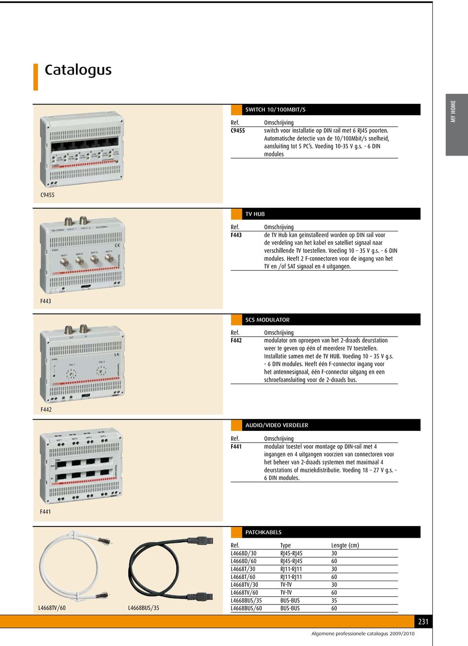 F443 SCS MODULATOR F442 modulator om oproepen van het 2-draads deurstation weer te geven op één of meerdere TV toestellen. Installatie samen met de TV HUB. Voeding 10 35 V g.s. - 6 DIN modules.