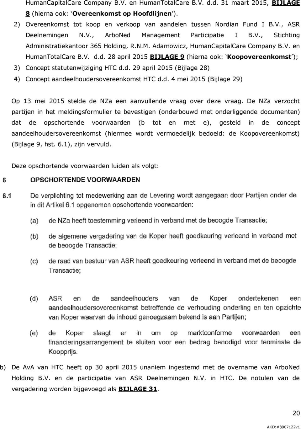 d. 29 april 2015 (Bijlage 28) 4) Concept aandeelhoudersovereenkomst HTC d.d. 4 mei 2015 (Bijlage 29) Op 13 mei 2015 stelde de NZa een aanvullende vraag over deze vraag.