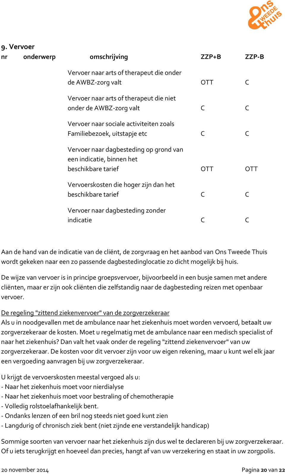 beschikbare tarief C C Vervoer naar dagbesteding zonder indicatie C C Aan de hand van de indicatie van de cliënt, de zorgvraag en het aanbod van Ons Tweede Thuis wordt gekeken naar een zo passende