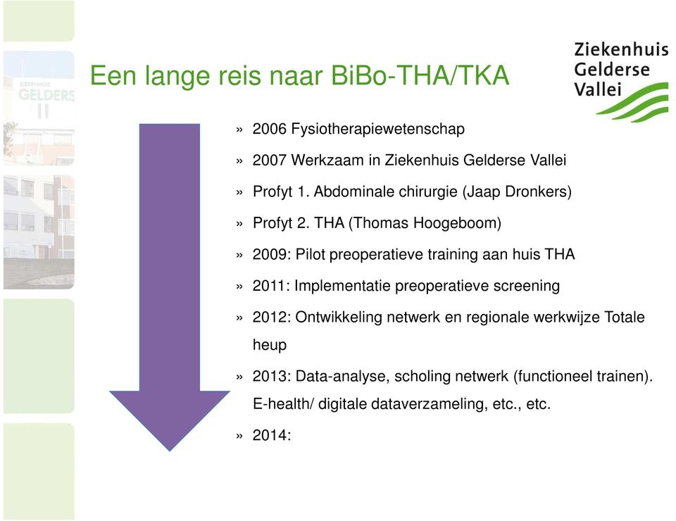 THA (Thomas Hoogeboom)» 2009: Pilot preoperatieve training aan huis THA» 2011: Implementatie preoperatieve