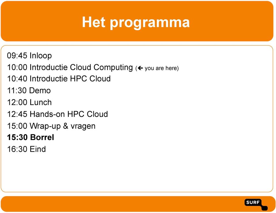 Introductie HPC Cloud 11:30 Demo 12:00 Lunch