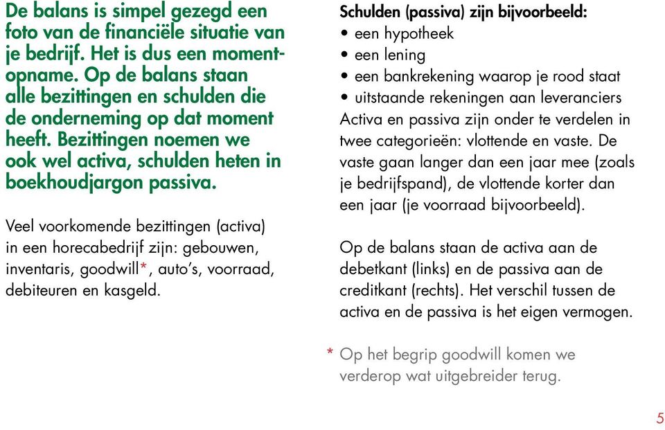 Veel voorkomende bezittingen (activa) in een horecabedrijf zijn: gebouwen, inventaris, goodwill*, auto s, voorraad, debiteuren en kasgeld.