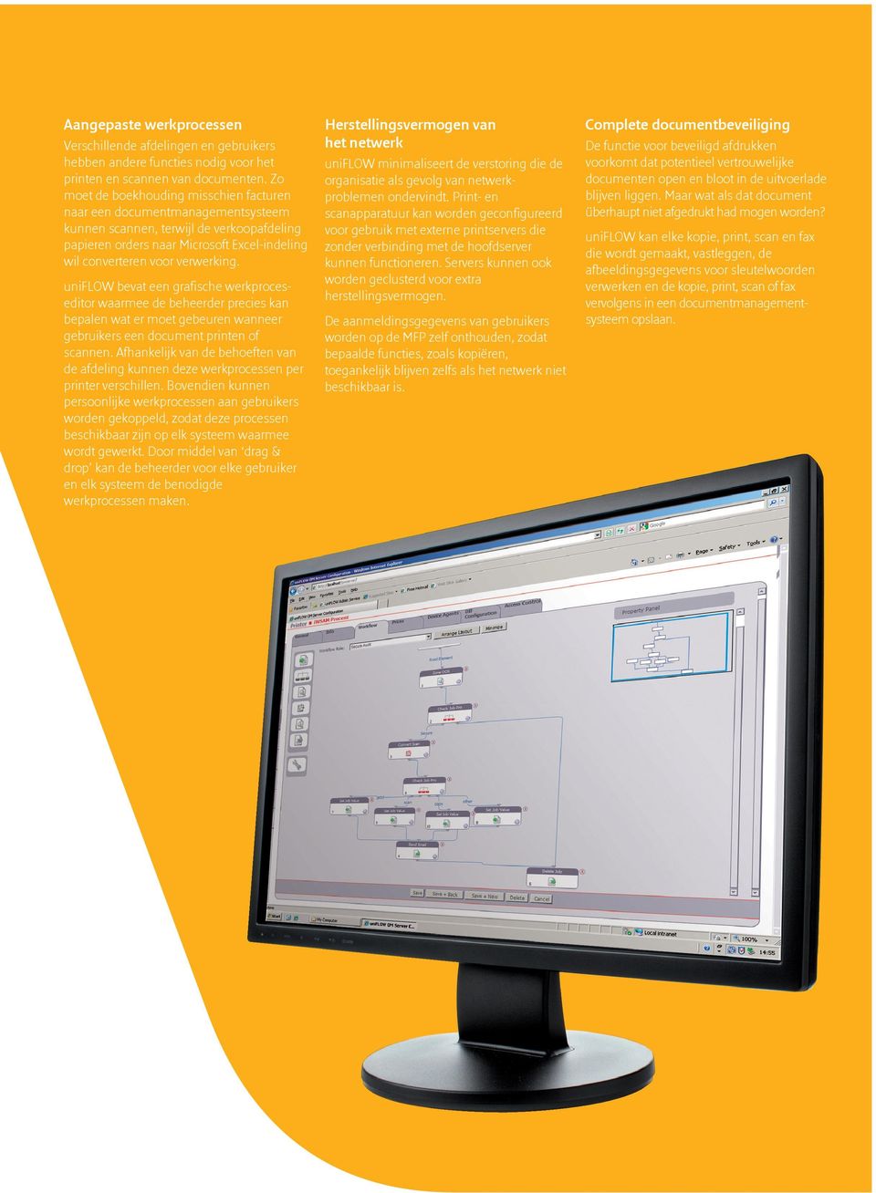 uniflow bevat een grafische werkproceseditor waarmee de beheerder precies kan bepalen wat er moet gebeuren wanneer gebruikers een document printen of scannen.