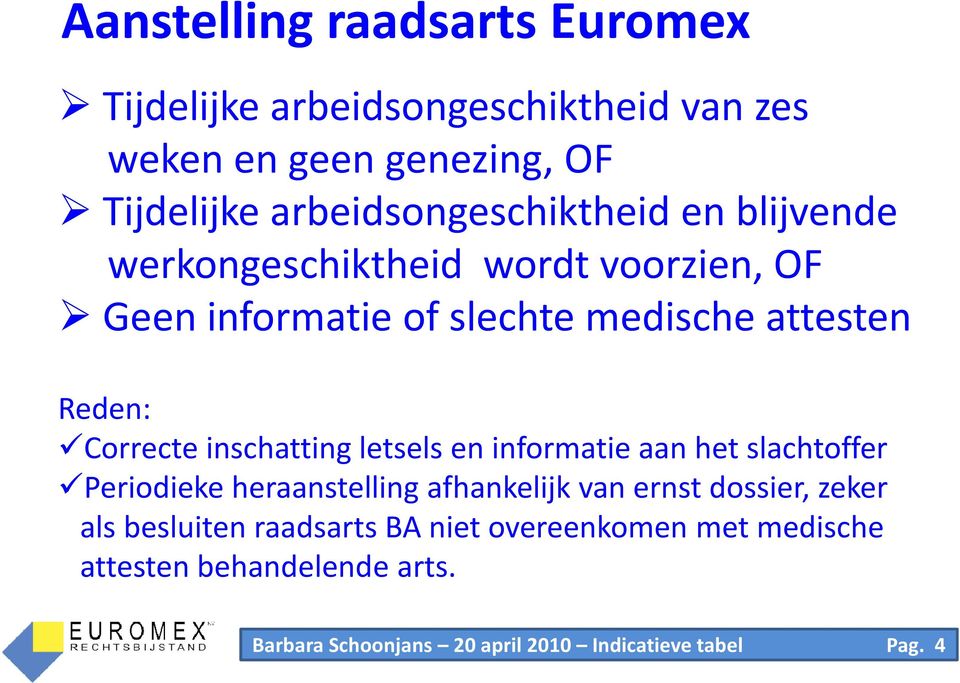 Correcte inschatting letsels en informatie aan het slachtoffer Periodieke heraanstelling afhankelijk van ernst dossier, zeker