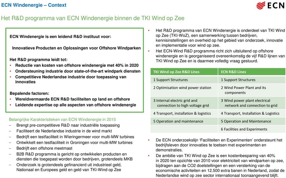 door toepassing van innovaties Bepalende factoren: Wereldvermaarde ECN R&D faciliteiten op land en offshore Leidende expertise op alle aspecten van offshore windenergie Belangrijke Karakteristieken