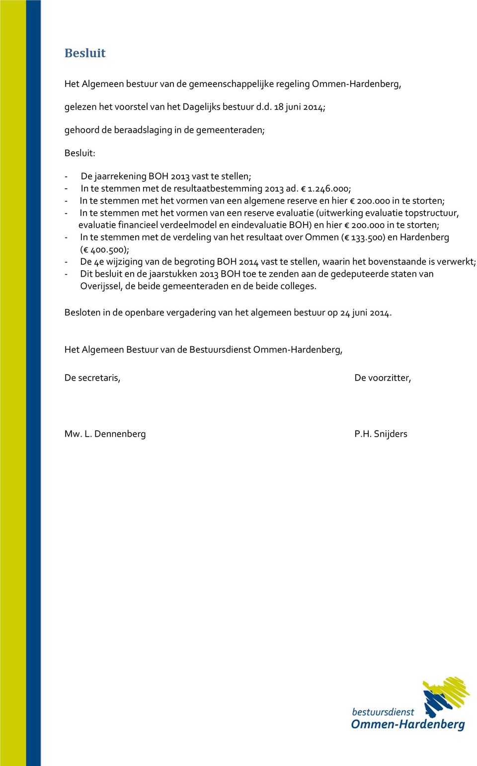 000 in te storten; - In te stemmen met het vormen van een reserve evaluatie (uitwerking evaluatie topstructuur, evaluatie financieel verdeelmodel en eindevaluatie BOH) en hier 200.