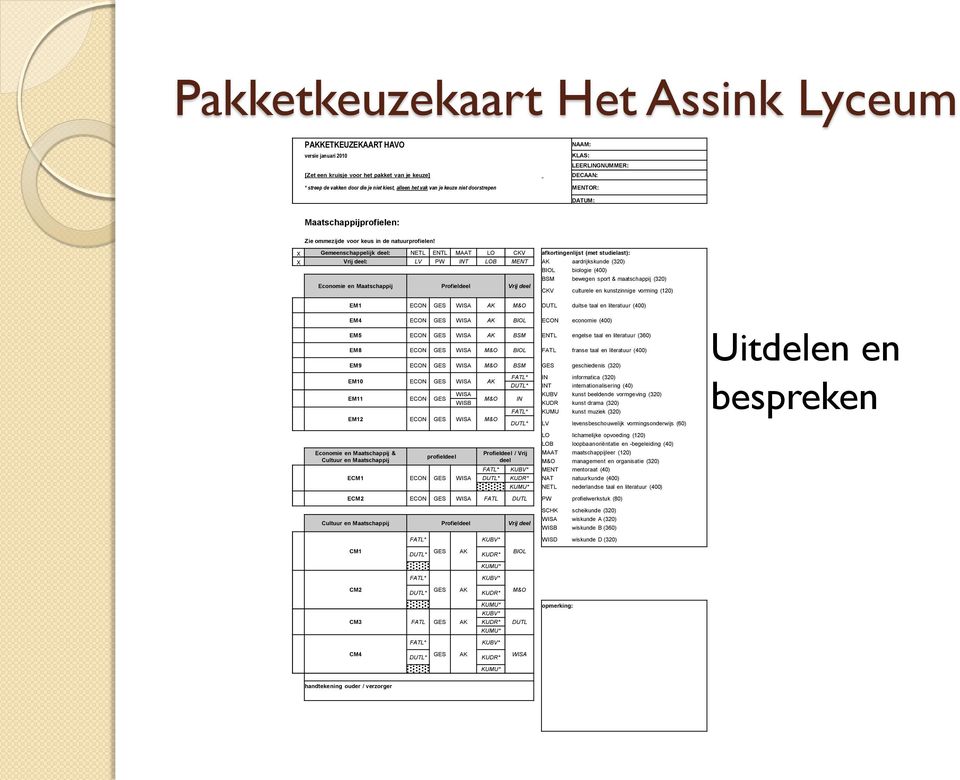 Gemeenschappelijk deel: NETL ENTL X MAAT LO CKV afkortingenlijst (met studielast): X Vrij deel: LV PW INT LOB MENT AK aardrijkskunde (320) BIOL biologie (400) BSM bewegen sport & maatschappij (320)