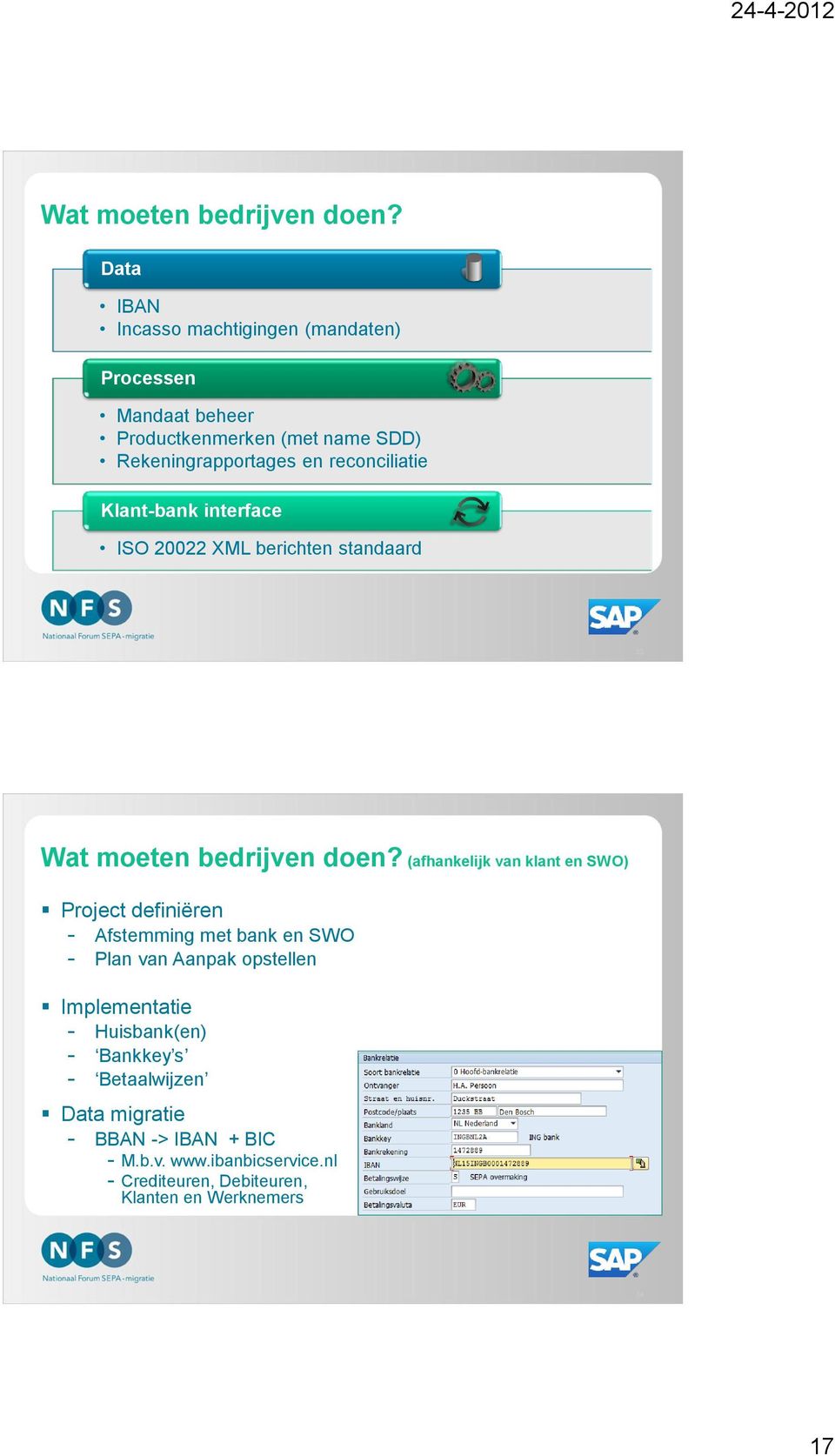 reconciliatie Klant-bank interface ISO 20022 XML berichten standaard 33  (afhankelijk van klant en SWO) Project definiëren -