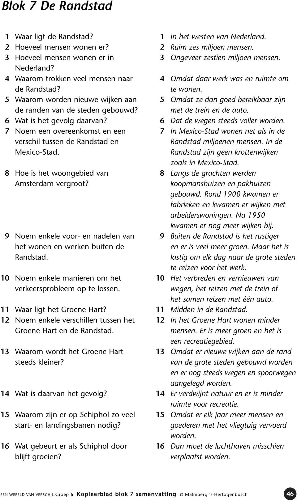 8 Hoe is het woongebied van Amsterdam vergroot? 9 Noem enkele voor- en nadelen van het wonen en werken buiten de Randstad. 10 Noem enkele manieren om het verkeersprobleem op te lossen.