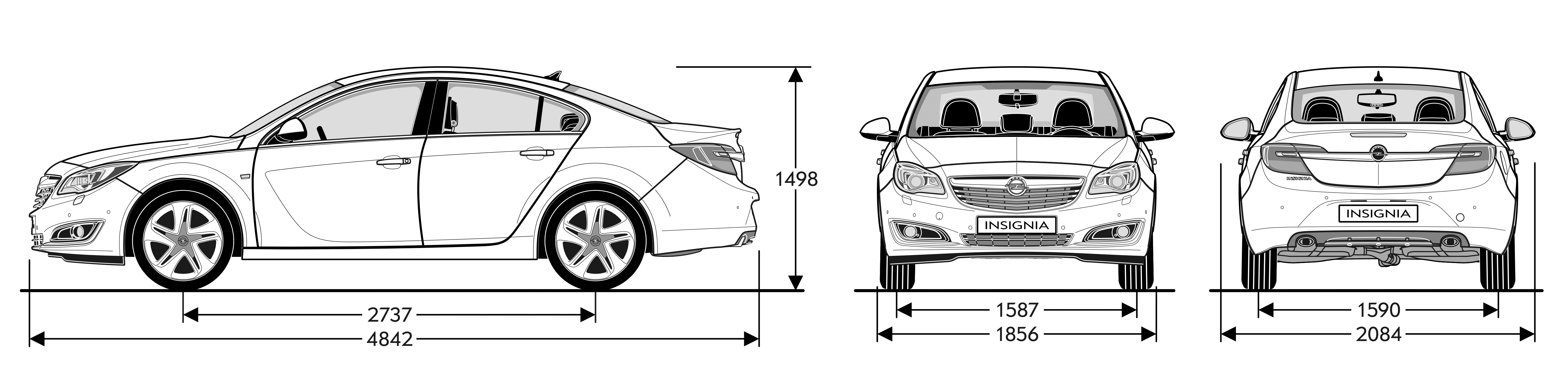 Technische specificaties Opel Insignia. 4-deurs 5-deurs Sports Tourer Buitenafmetingen in mm Lengte 4.842 4.842 4.913 2.084 / 1.858 2.084 / 1.858 2.084 / 1.858 Hoogte (leeggewicht) 1.498 1.