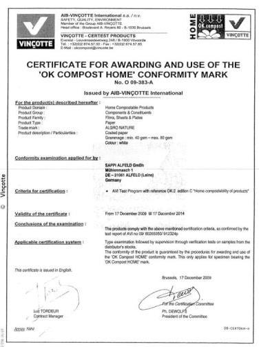 Leine Nature and Algro Nature Certifications and Registrations Fulfilled composting test program at Organic Waste Systems EN 13432 (2000)