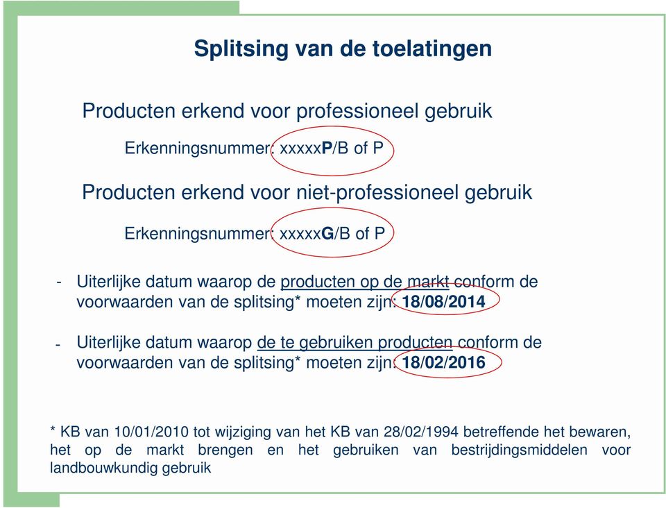 18/08/2014 Uiterlijke datum waarop de te gebruiken producten conform de voorwaarden van de splitsing* moeten zijn: 18/02/2016 * KB van 10/01/2010