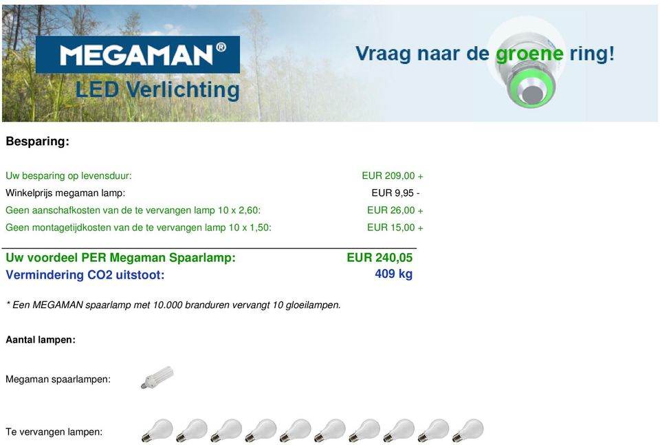 EUR 15,00 + Uw voordeel PER Megaman Spaarlamp: Vermindering CO2 uitstoot: * Een MEGAMAN spaarlamp met 10.