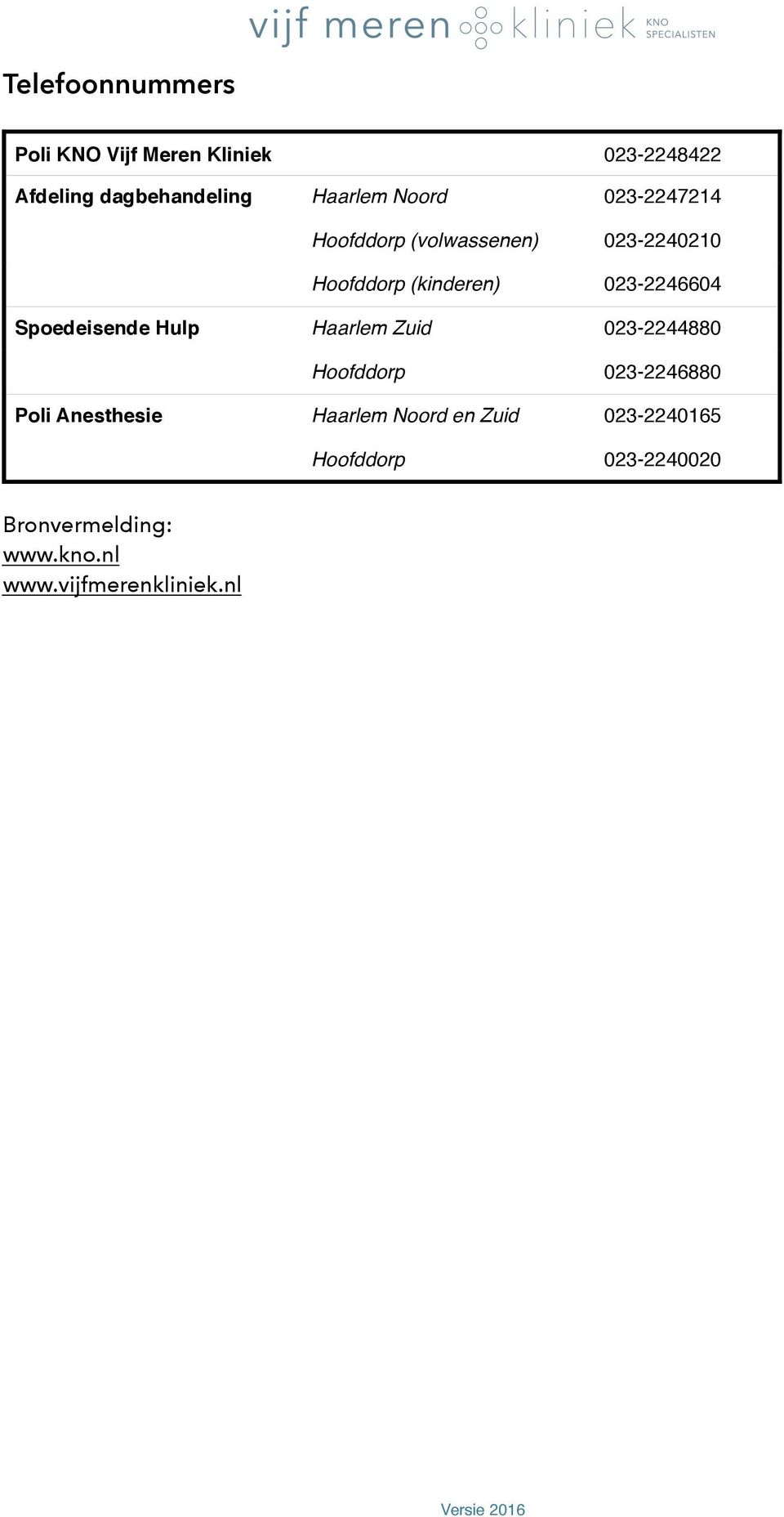 Spoedeisende Hulp Haarlem Zuid 023-2244880 Hoofddorp 023-2246880 Poli Anesthesie Haarlem