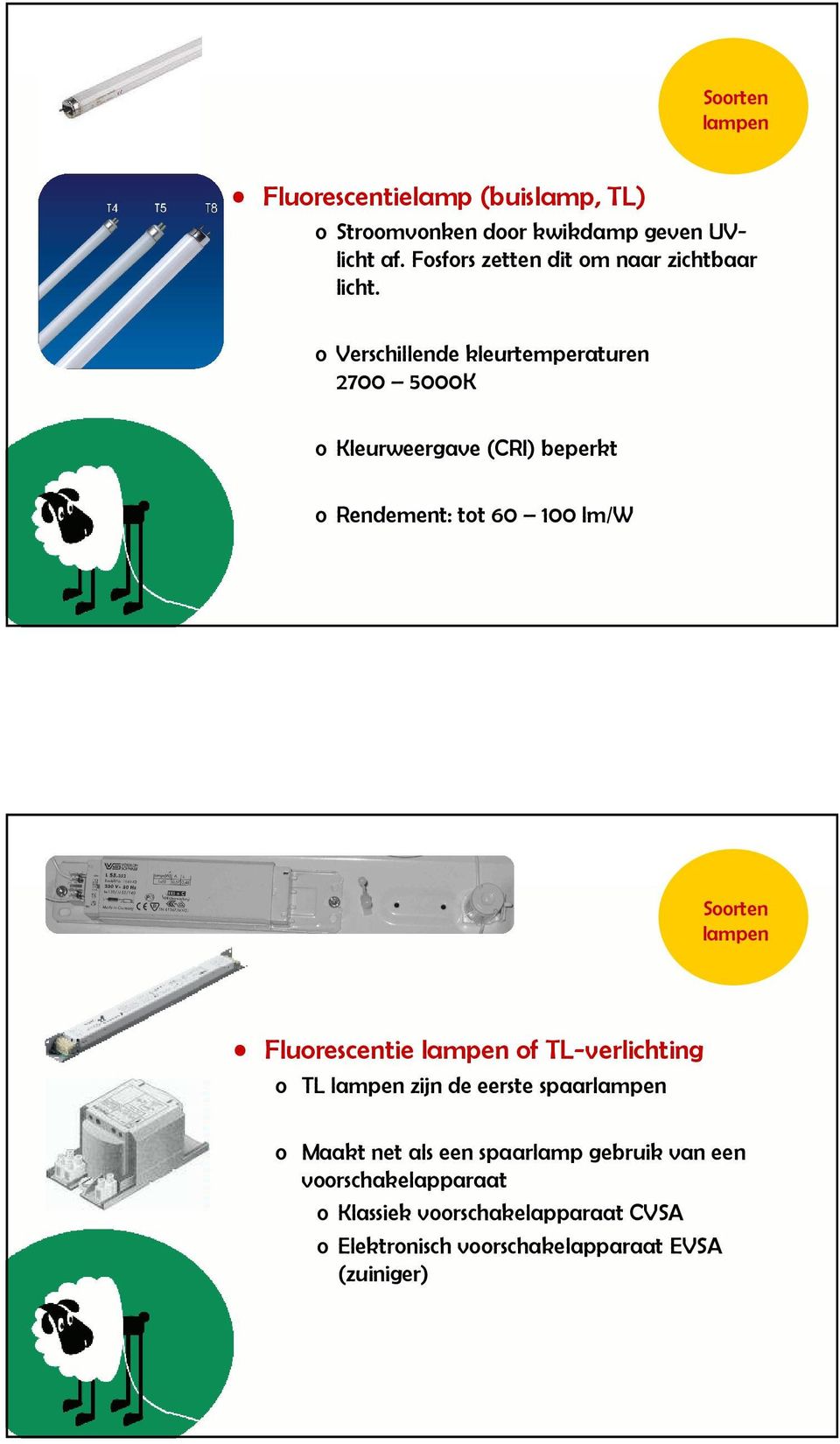 o Verschillende kleurtemperaturen 2700 5000K o Kleurweergave (CRI) beperkt o Rendement: tot 60 100 lm/w Soorten lampen