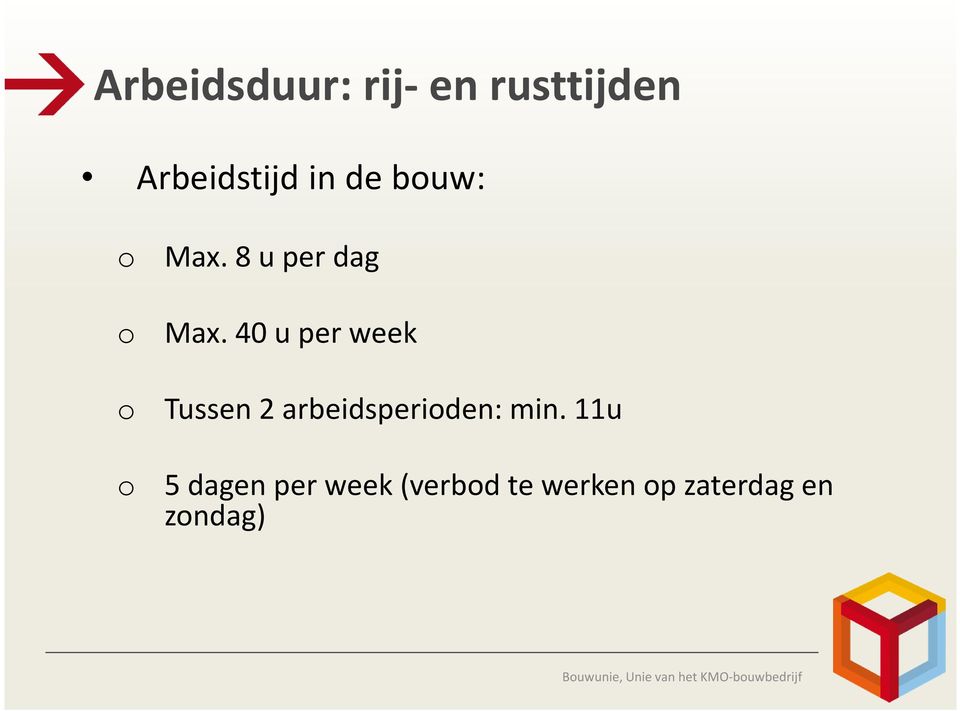 40 u per week o Tussen 2 arbeidsperioden: min.