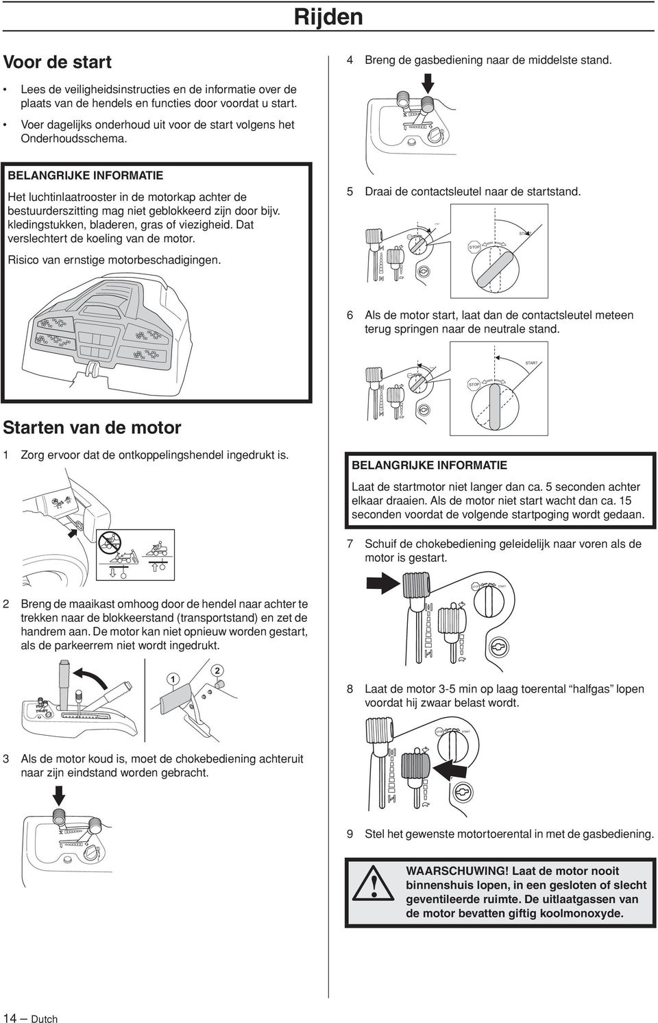 BELANGRIJKE INFORMATIE Het luchtinlaatrooster in de motorkap achter de bestuurderszitting mag niet geblokkeerd zijn door bijv. kledingstukken, bladeren, gras of viezigheid.