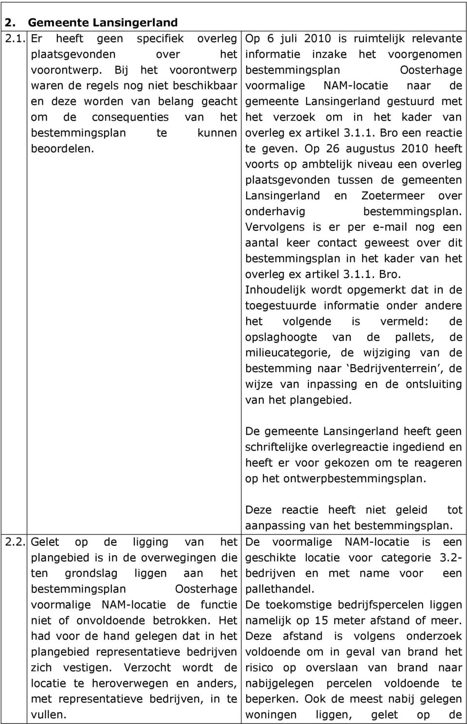Op 6 juli 2010 is ruimtelijk relevante informatie inzake het voorgenomen bestemmingsplan Oosterhage voormalige NAM-locatie naar de gemeente Lansingerland gestuurd met het verzoek om in het kader van