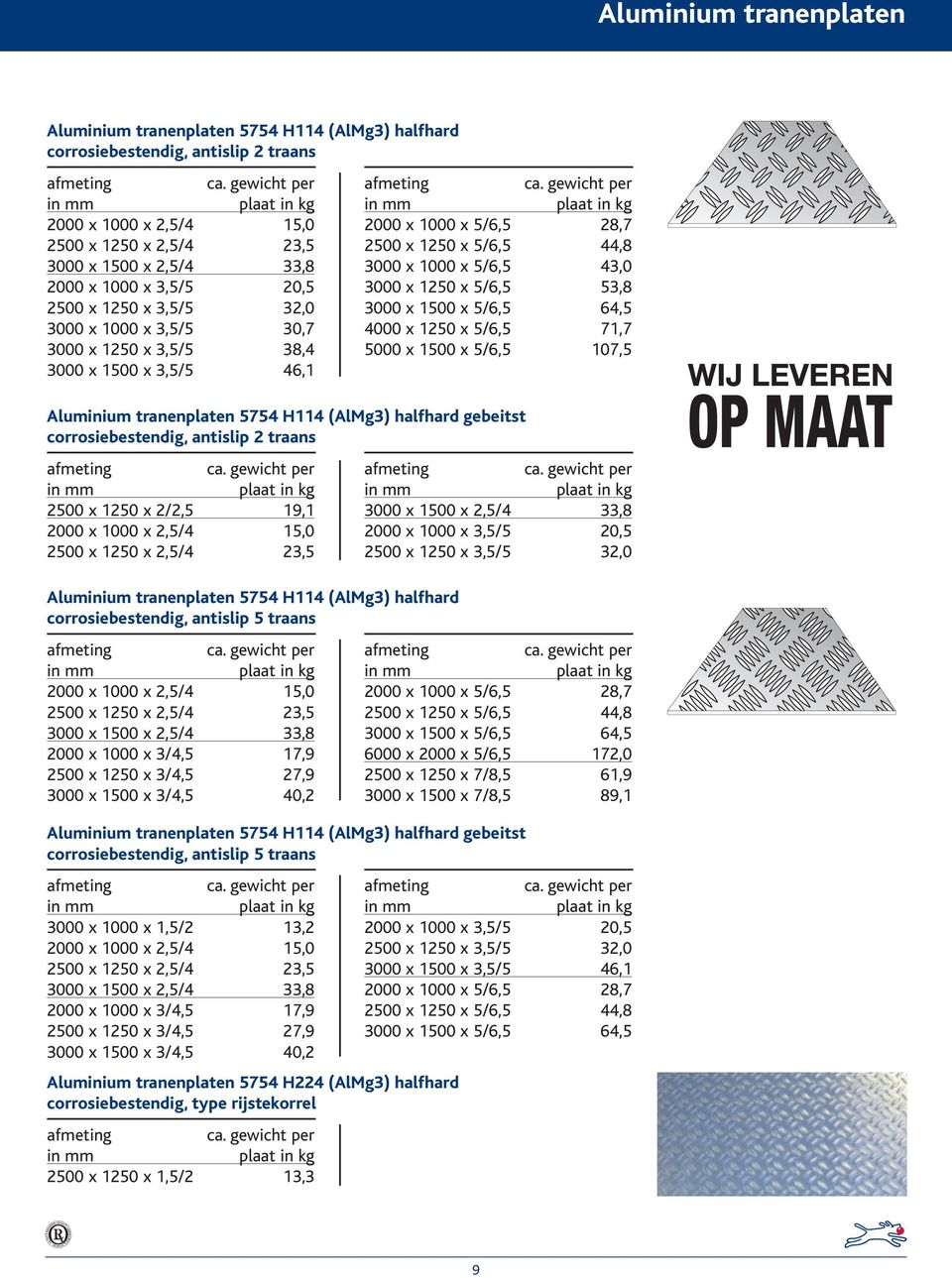 5/6,5 53,8 3000 x 1500 x 5/6,5 64,5 4000 x 1250 x 5/6,5 71,7 5000 x 1500 x 5/6,5 107,5 Aluminium tranenplaten 5754 H114 (AlMg3) halfhard gebeitst corrosiebestendig, antislip 2 traans 2500 x 1250 x