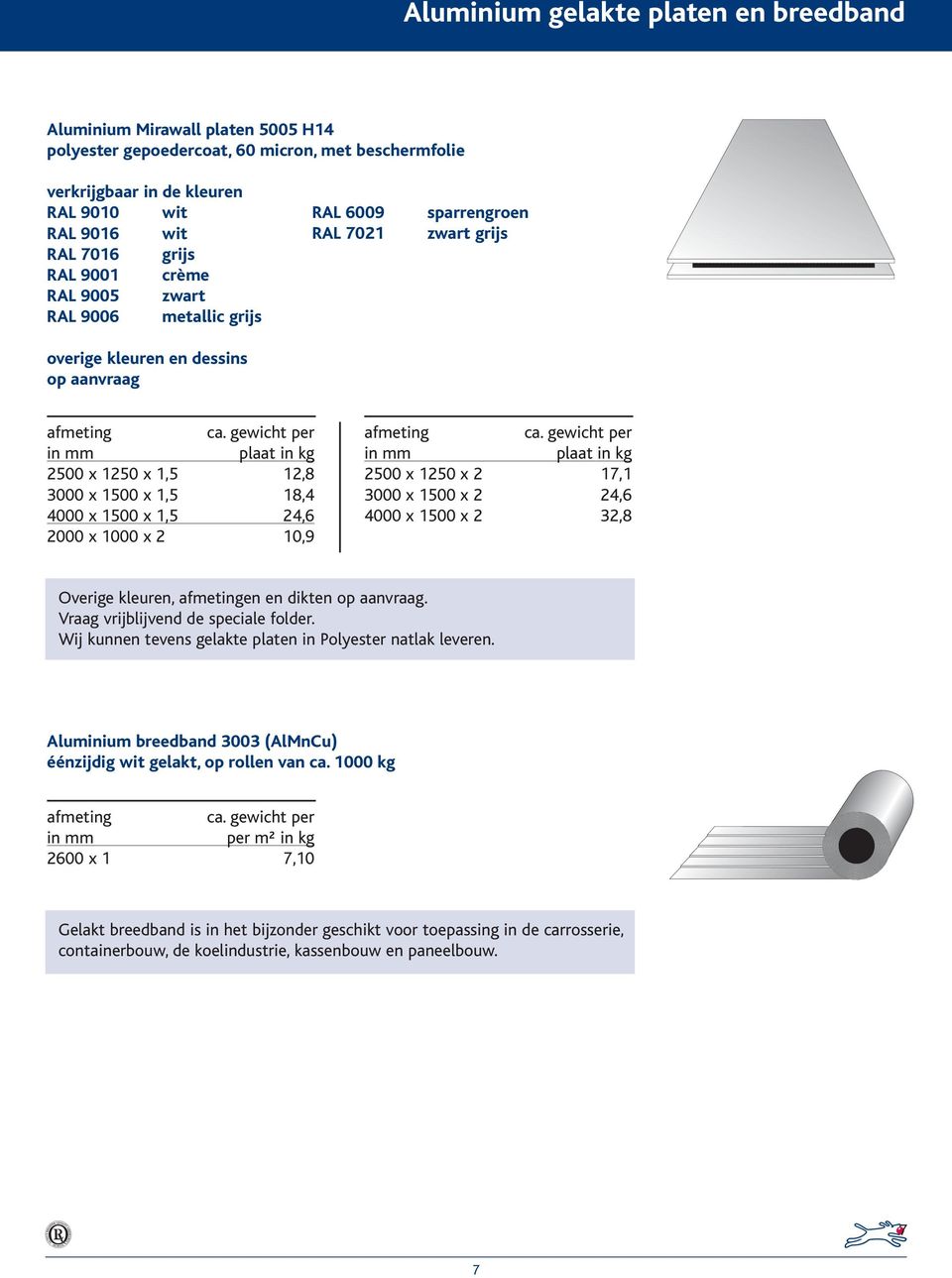 24,6 2000 x 1000 x 2 10,9 2500 x 1250 x 2 17,1 3000 x 1500 x 2 24,6 4000 x 1500 x 2 32,8 Overige kleuren, en en dikten op aanvraag. Vraag vrijblijvend de speciale folder.