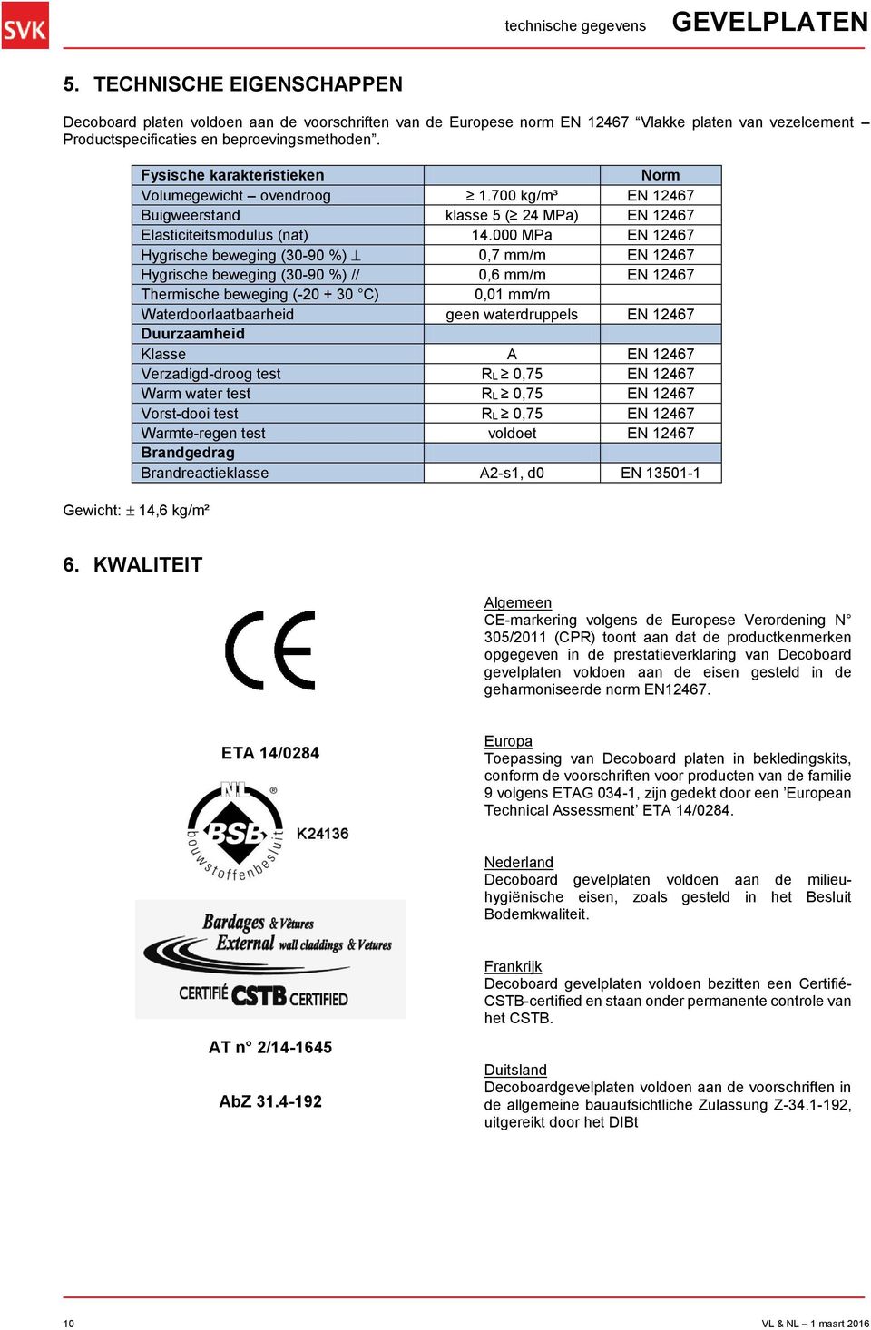 Fysische karakteristieken Norm Volumegewicht ovendroog 1.700 kg/m³ EN 12467 Buigweerstand klasse 5 ( 24 MPa) EN 12467 Elasticiteitsmodulus (nat) 14.