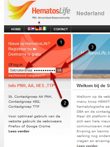 Inloggen op de website Hematoslife Nadat je de keuze Nederland gemaakt hebt (indien nodig), moet je inloggen met je gebruikersnaam en wachtwoord. Mocht je deze nog niet hebben, meld je dan aan.
