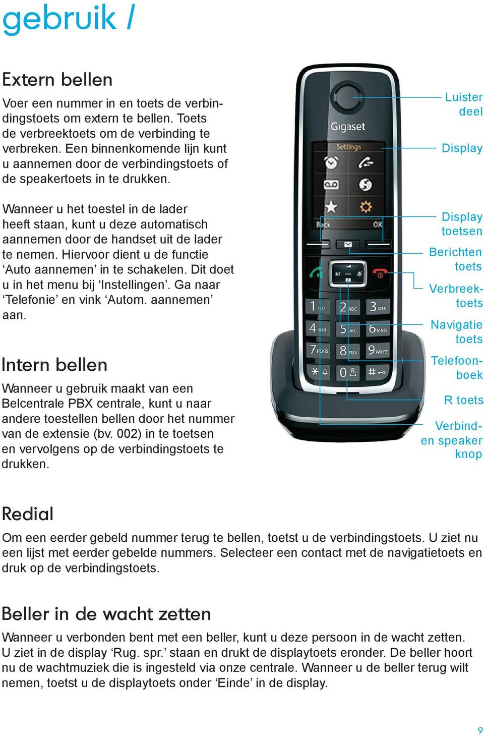 Wanneer u het toestel in de lader heeft staan, kunt u deze automatisch aannemen door de handset uit de lader te nemen. Hiervoor dient u de functie Auto aannemen in te schakelen.