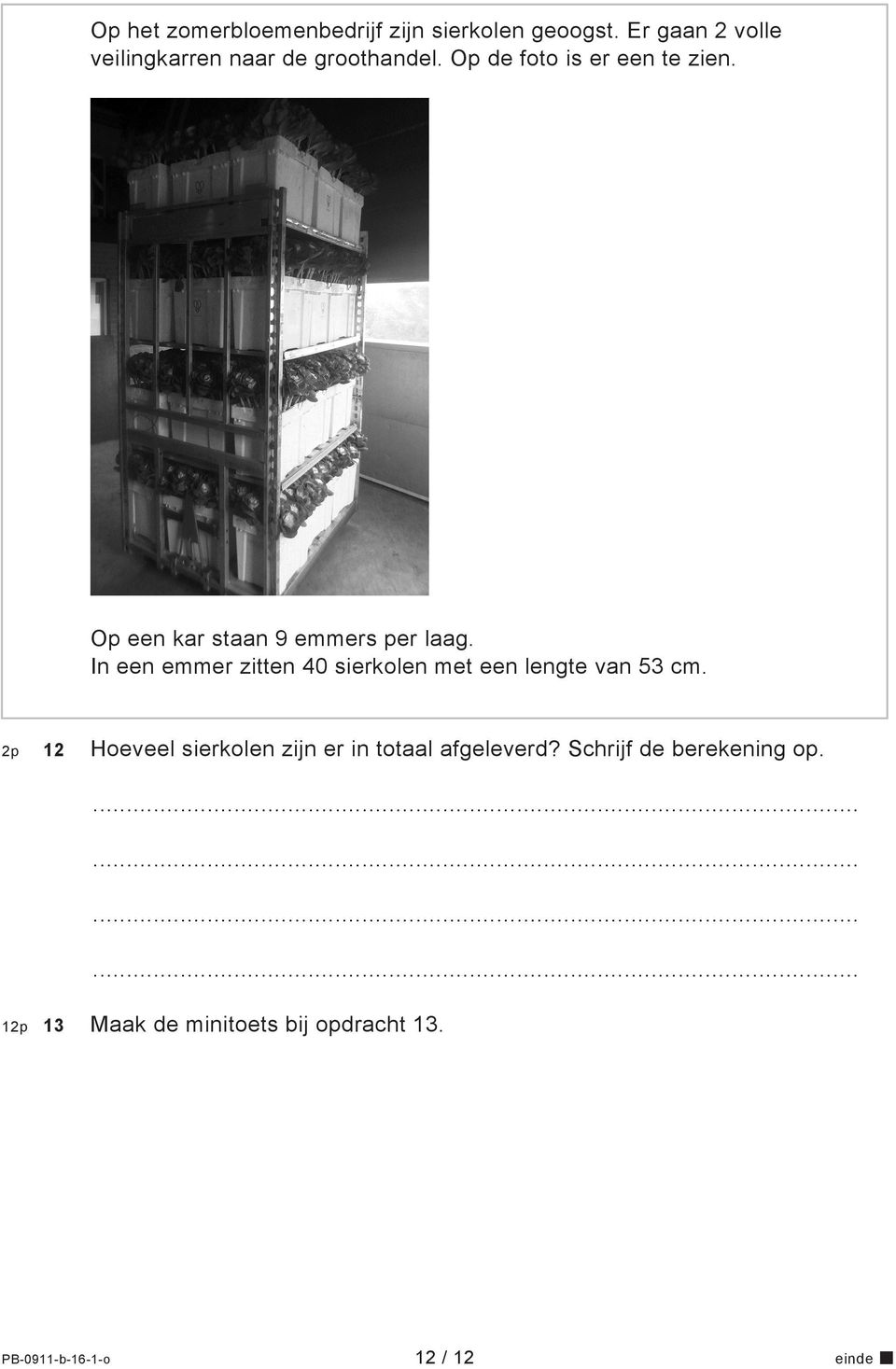 Op een kar staan 9 emmers per laag. In een emmer zitten 40 sierkolen met een lengte van 53 cm.