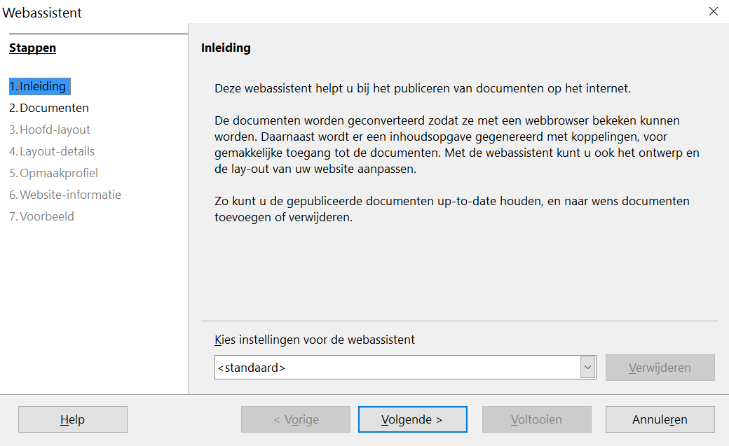 Afbeelding 3: Pagina Inleiding van het dialoogvenster Webassistent 2) Onderaan het dialoogvenster ziet u Kies instellingen voor de webassistent.