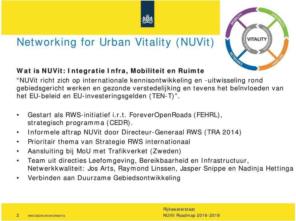 Informele aftrap NUVit door Directeur-Generaal RWS (TRA 2014) Prioritair thema van Strategie RWS internationaal Aansluiting bij MoU met Trafikverket (Zweden) Team uit directies Leefomgeving,