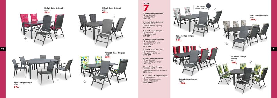 Spice 7-delige diningset 6x stapelstoel Star triangle tafel 89,- 99,-. Venetië -delige diningset x standenstoel Sunrise aluminium tafel 80x86, cm,- 899,- 0 Venetië -delige diningset,- 899,-.