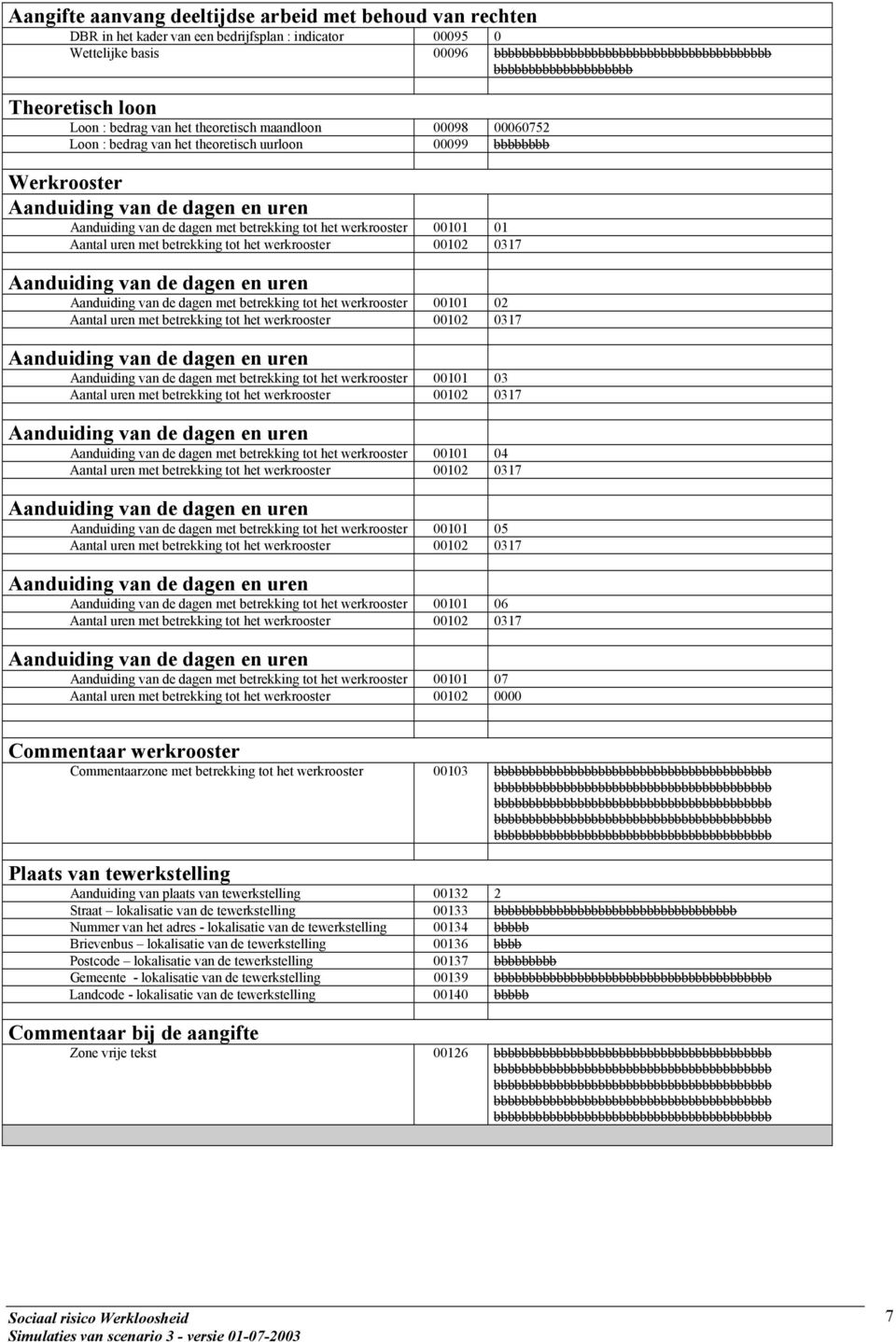 betrekking tot het werkrooster 00102 0317 Aanduiding van de dagen met betrekking tot het werkrooster 00101 02 Aantal uren met betrekking tot het werkrooster 00102 0317 Aanduiding van de dagen met