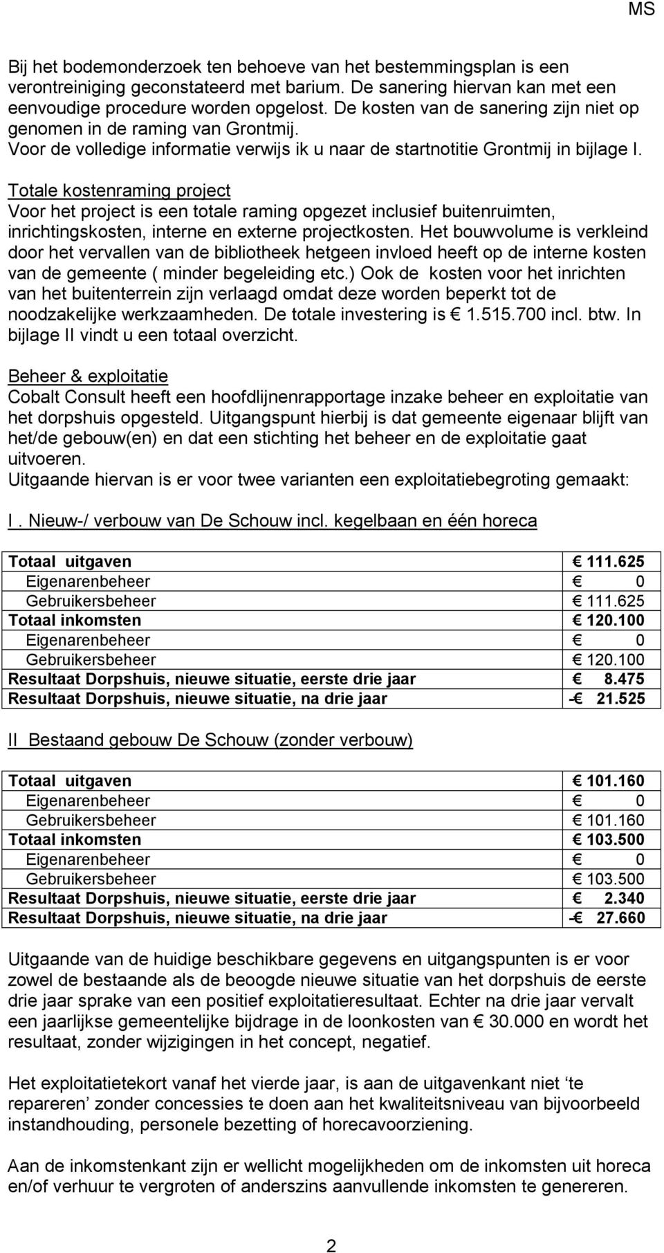 Totale kostenraming project Voor het project is een totale raming opgezet inclusief buitenruimten, inrichtingskosten, interne en externe projectkosten.