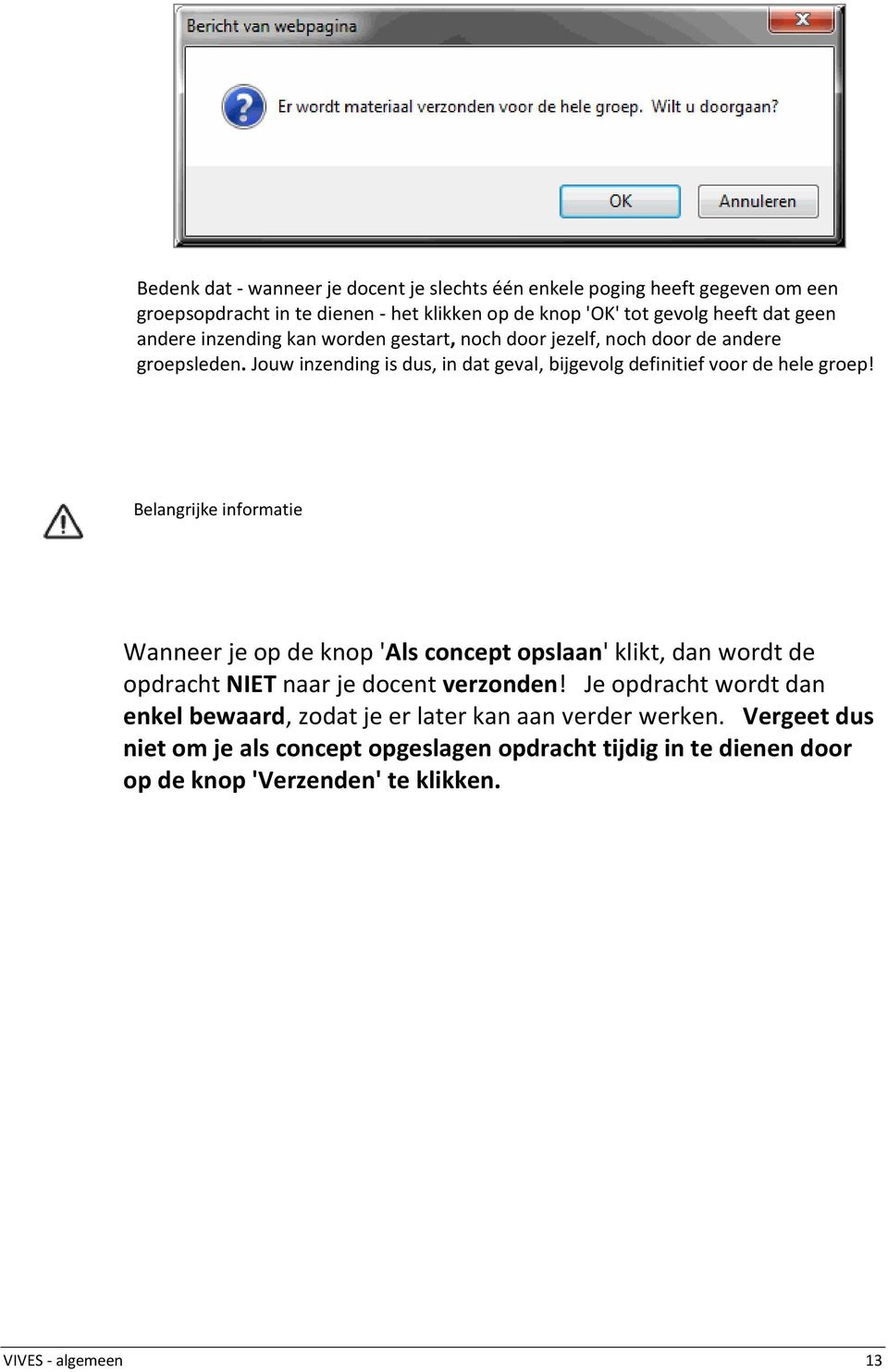 Belangrijke informatie Wanneer je op de knop 'Als concept opslaan' klikt, dan wordt de opdracht NIET naar je docent verzonden!