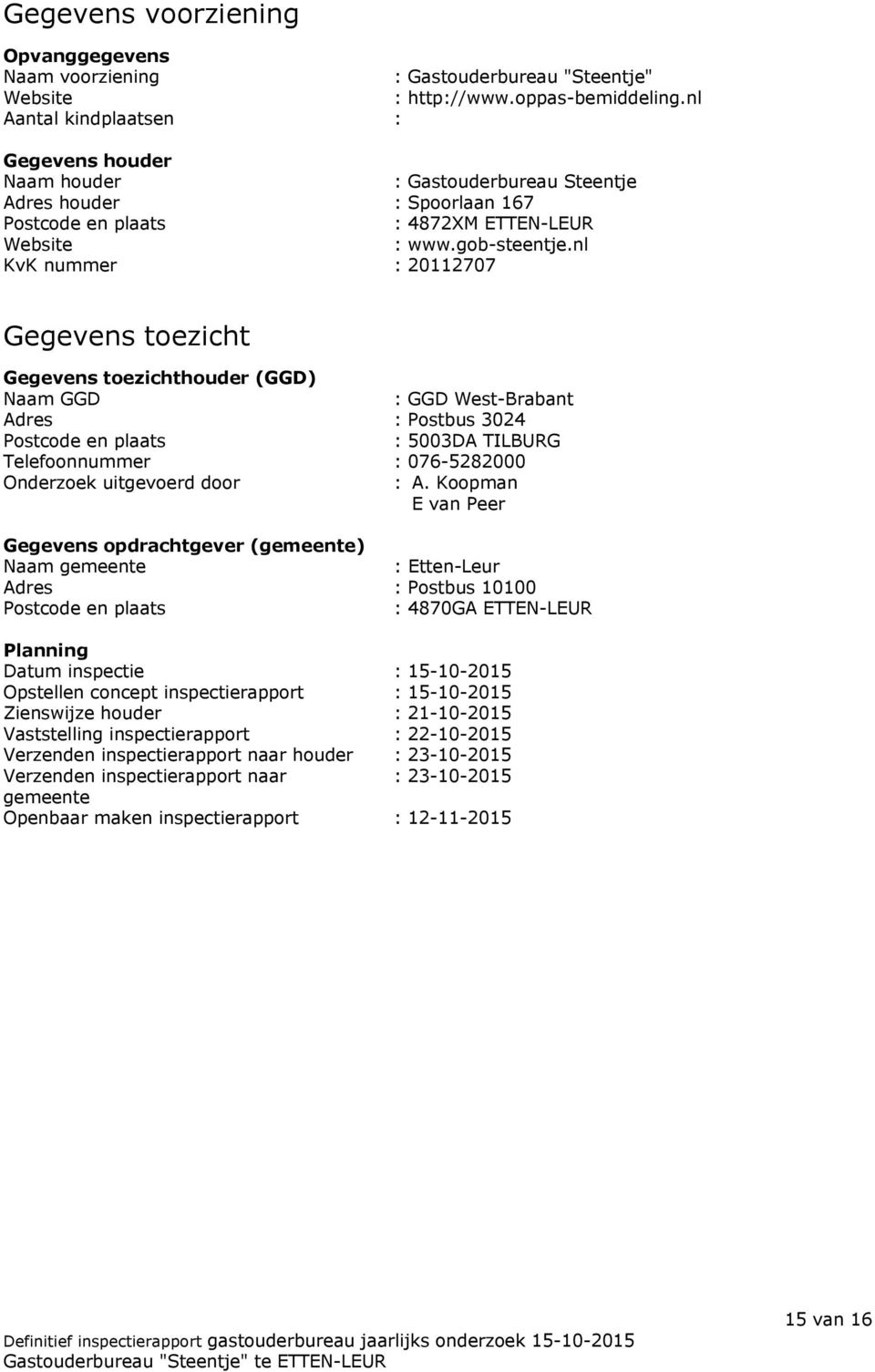nl KvK nummer : 20112707 Gegevens toezicht Gegevens toezichthouder (GGD) Naam GGD : GGD West-Brabant Adres : Postbus 3024 Postcode en plaats : 5003DA TILBURG Telefoonnummer : 076-5282000 Onderzoek